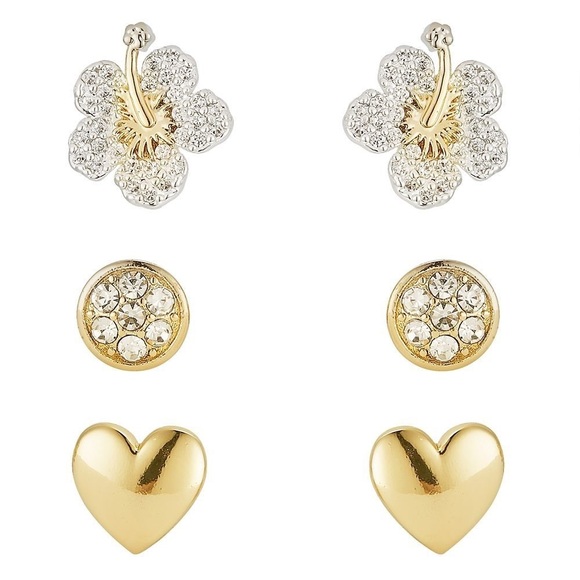 DISNEY Gold Silver Lilo & Stitch Hibiscus Flower Heart Crystal Earrings Set - Picture 1 of 8